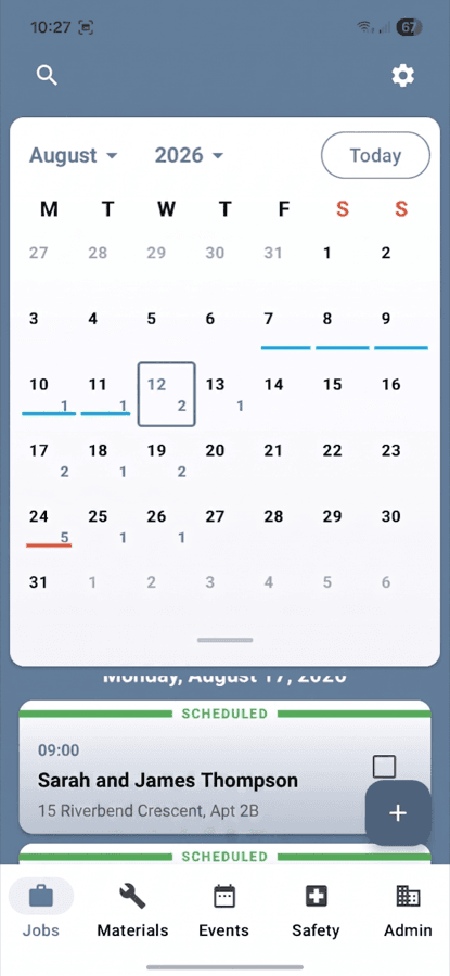 OfficeTidy monthly calendar with job counts per day