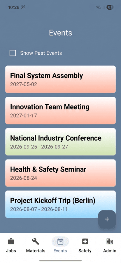OfficeTidy Events screen with company-wide dates and reminders