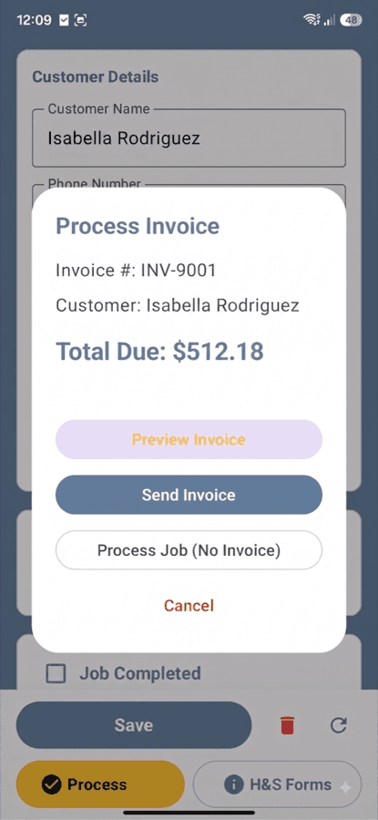 OfficeTidy Process Invoice dialog after completing a job