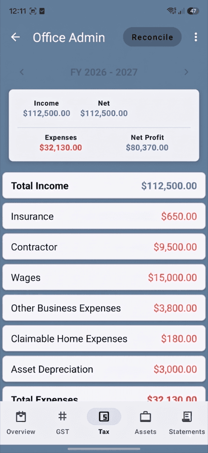 OfficeTidy Tax tab showing income, expenses, and net profit