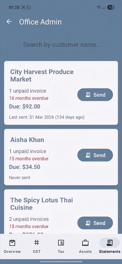 OfficeTidy Statements screen listing overdue invoices to follow up