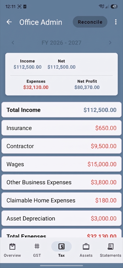 OfficeTidy Tax tab showing income, expenses, and net profit