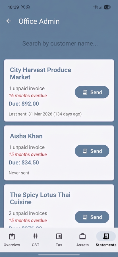 OfficeTidy Statements screen listing overdue invoices to follow up